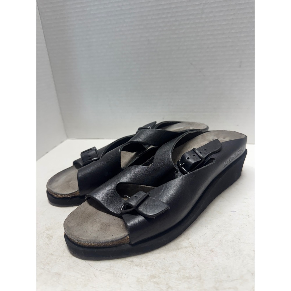 Mephisto Black Leather Double Buckle Wedge Sandals Cork Footbed Size 39 8.5